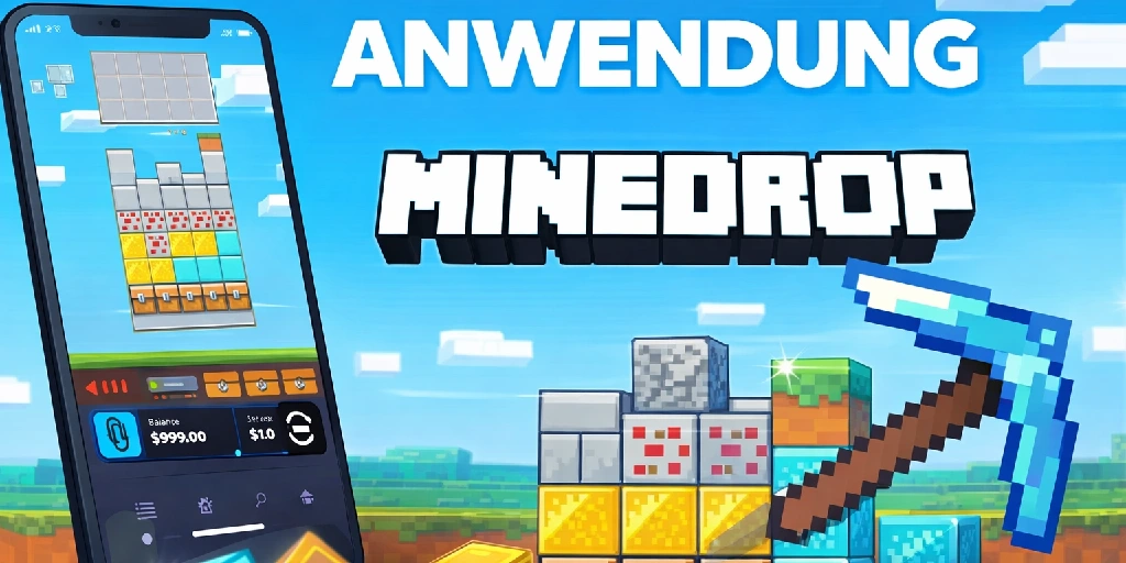 MineDrop Logo mit Spitzhacke rechts und Smartphone links mit MineDrop Spiel – App für Android und iOS