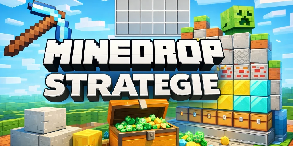 MineDrop Strategien Banner mit Logo, Strategietext, Truhe mit Gewinn, Spitzhacke und Creeper auf Minecraft-Blöcken